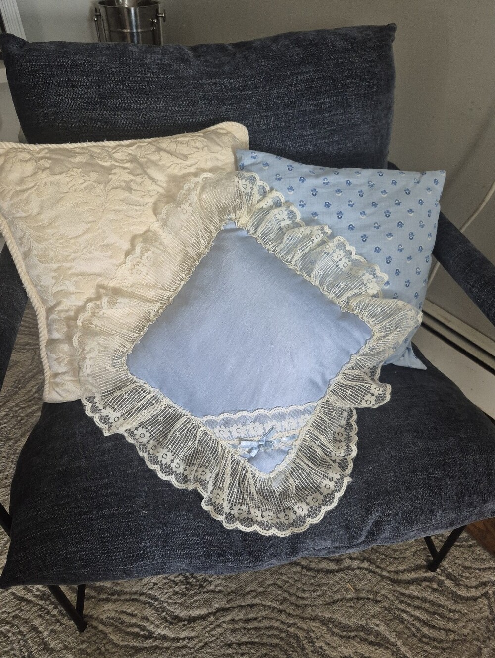 Classic Lace Trim Decorative Pillow - Light Blue and Cream